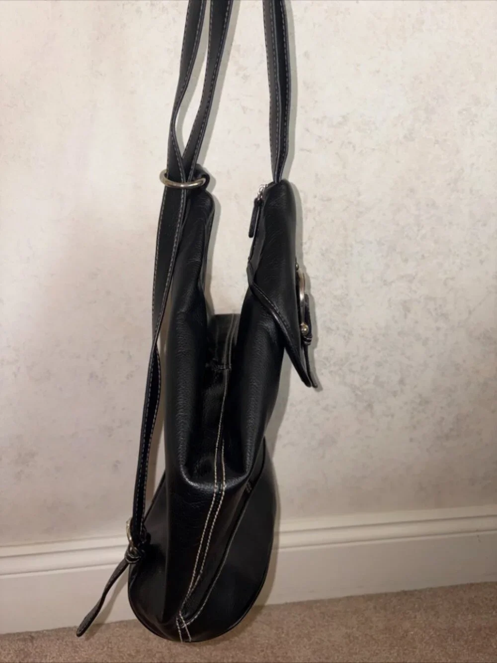 Small Black Duffel Backpack Bag Faux Leather Zip Close 13x13x5 Inches Silver HW